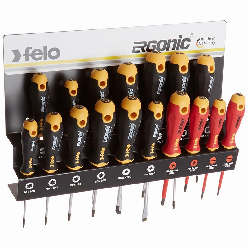 Felo 0715761391 Ergonomic Screwdriver Set With Steel Rack includes Slotted, Square, Phillips & TORX Sizes, 17 Piece