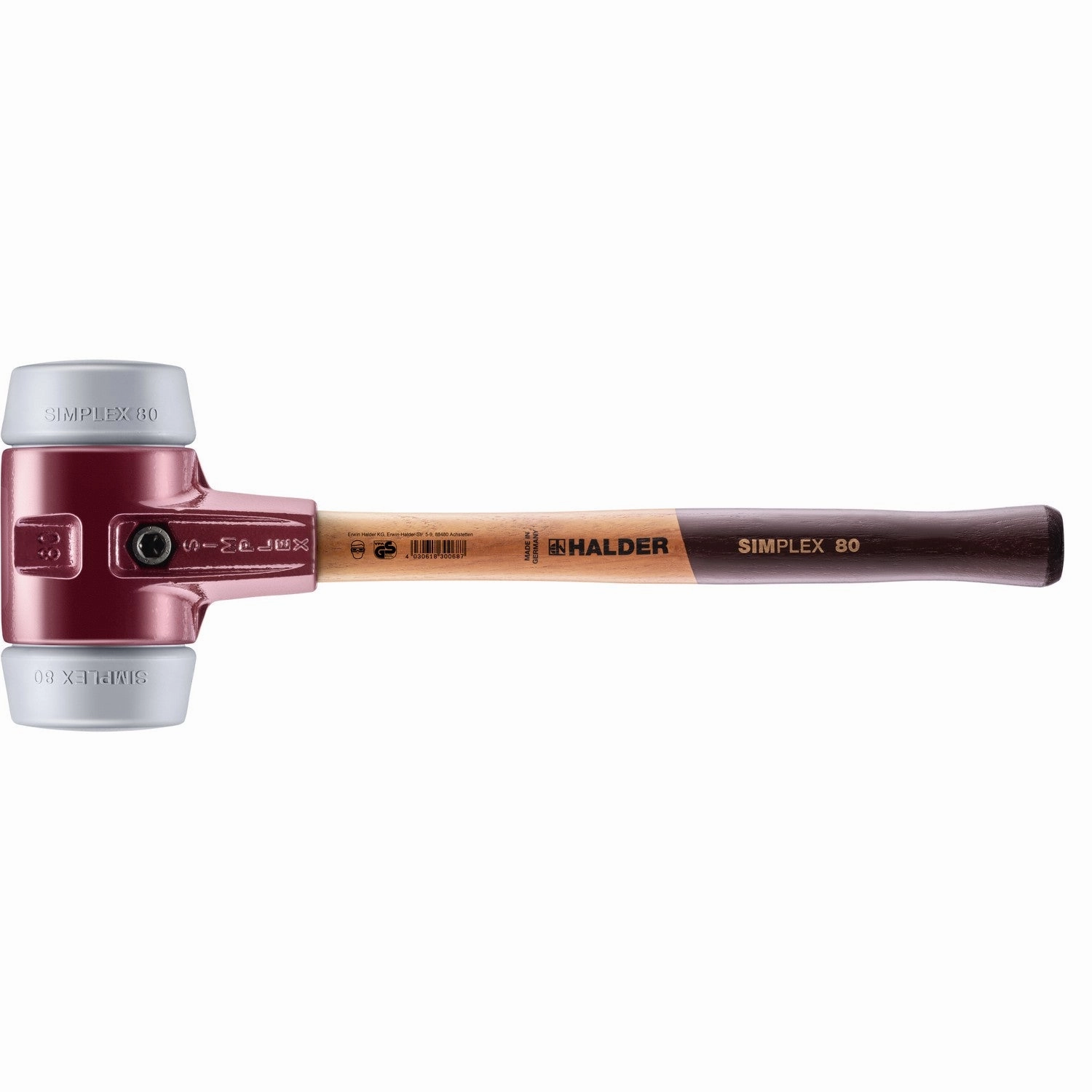 Halder 3003.080 Simplex Mallet with Grey Rubber Inserts, Non-Marring, Cast Iron Housing and Wood Handle