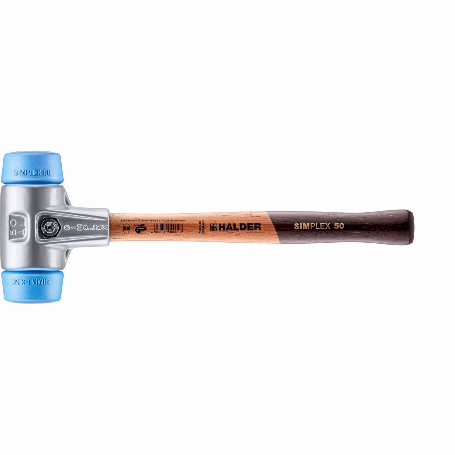 Halder 3101.050 Simplex Mallet with Soft Blue Rubber Inserts, Lightweight Aluminum Housing and Wood Handle