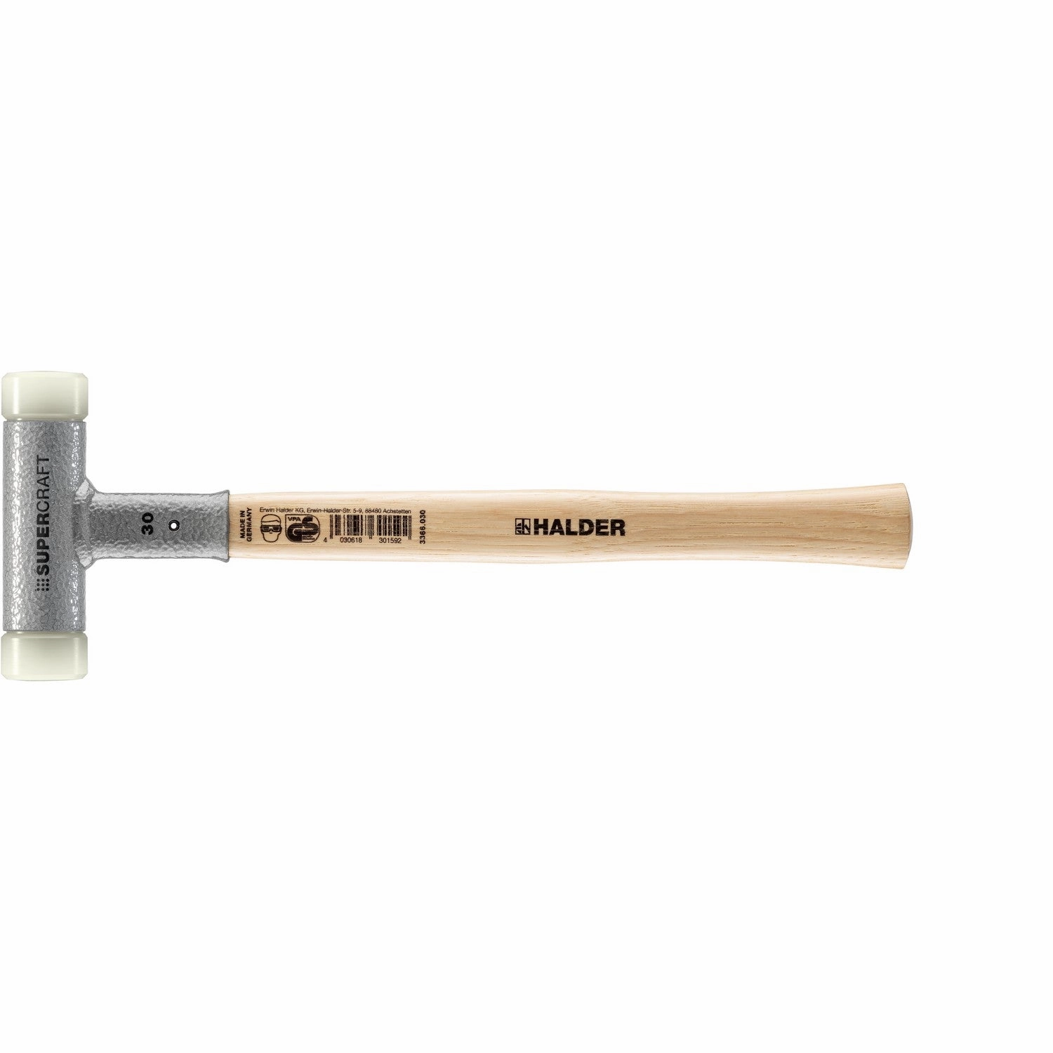 Halder 3366.030 Supercraft Dead Blow, Non-Rebounding Hammer with Nylon Face Inserts Steel Housing and Hickory Handle