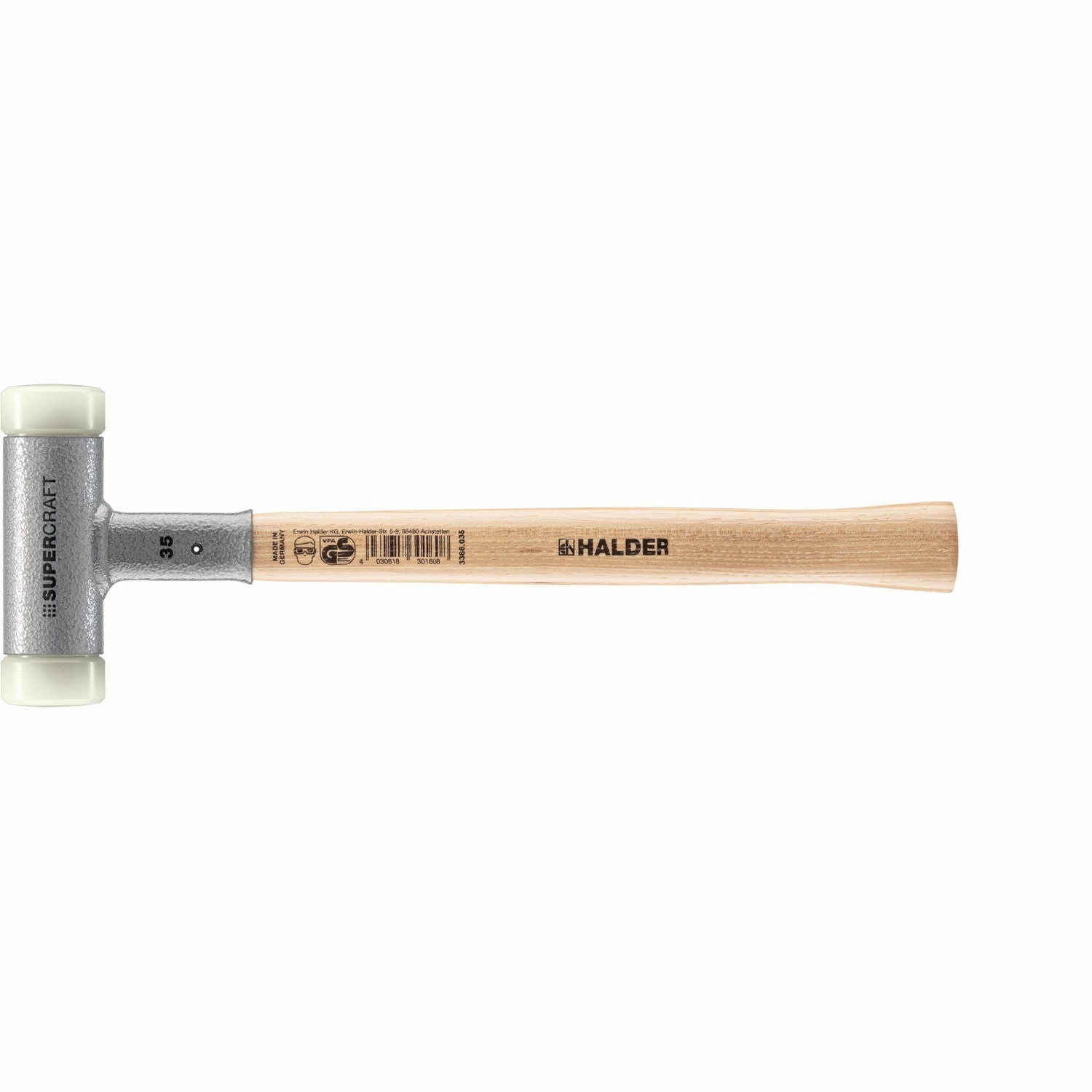 Halder 3366.035 Supercraft Dead Blow, Non-Rebounding Hammer with Nylon Face Inserts Steel Housing and Hickory Handle