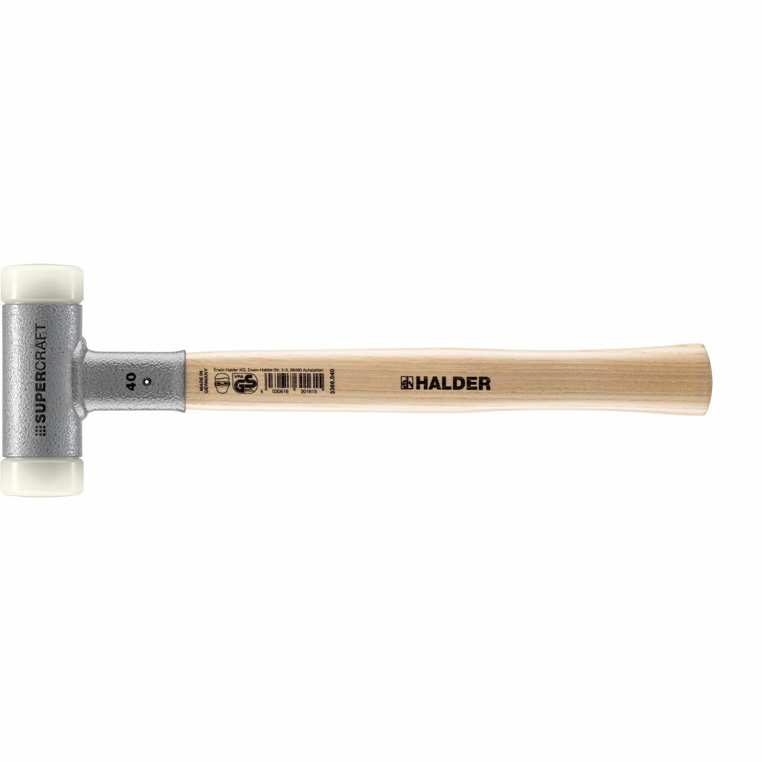 Halder 3366.040 Supercraft Dead Blow, Non-Rebounding Hammer with Nylon Face Inserts Steel Housing and Hickory Handle
