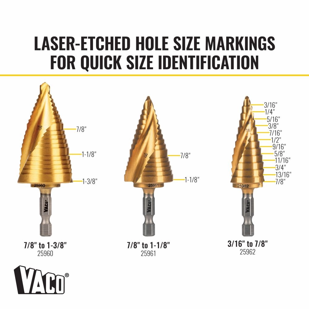 Klein Tools 25951 Step Bit Kit, Spiral Double-Fluted, VACO, 3-Piece