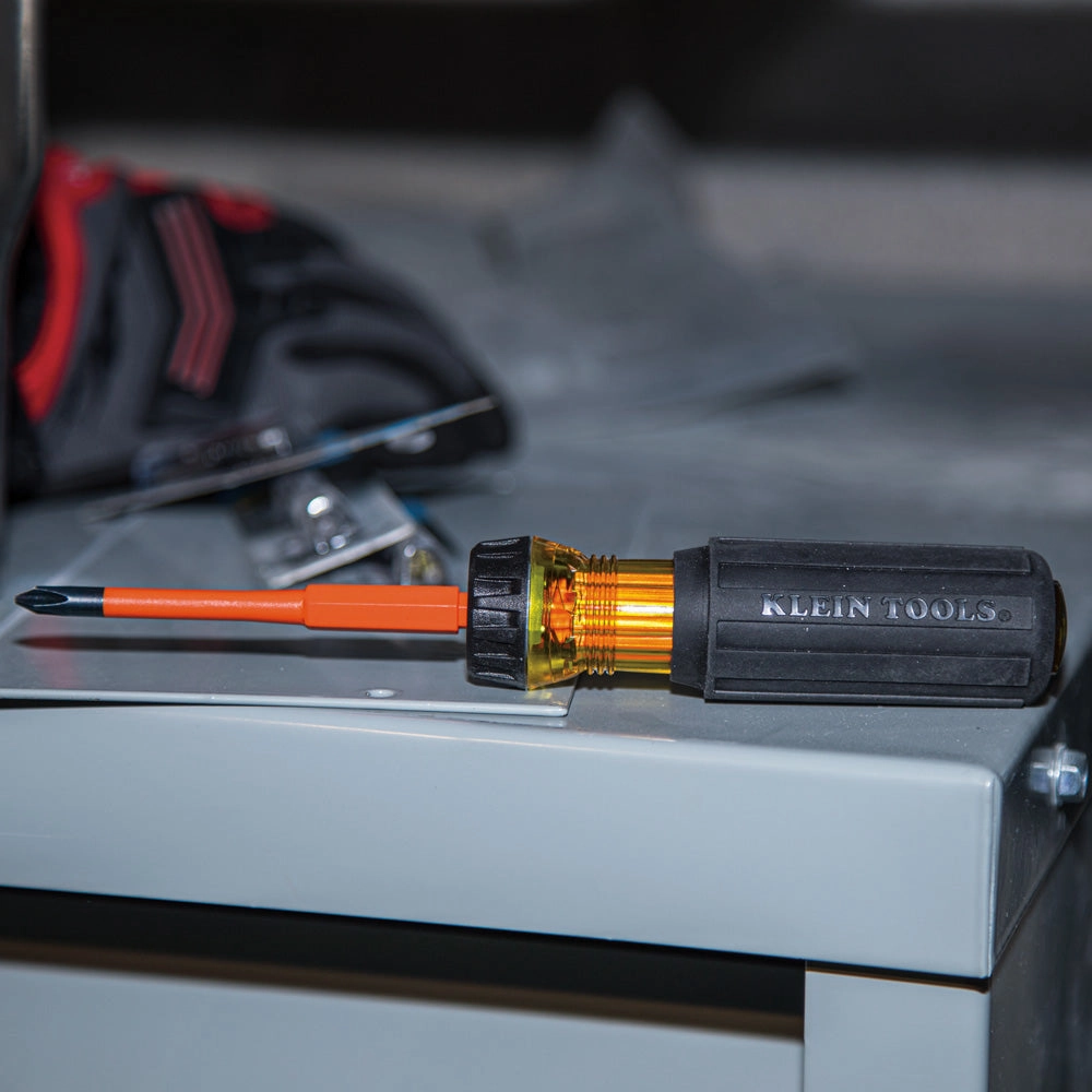 Klein Tools 32287 2-in-1 Insulated Flip-Blade Screwdriver, #1/#2 Square