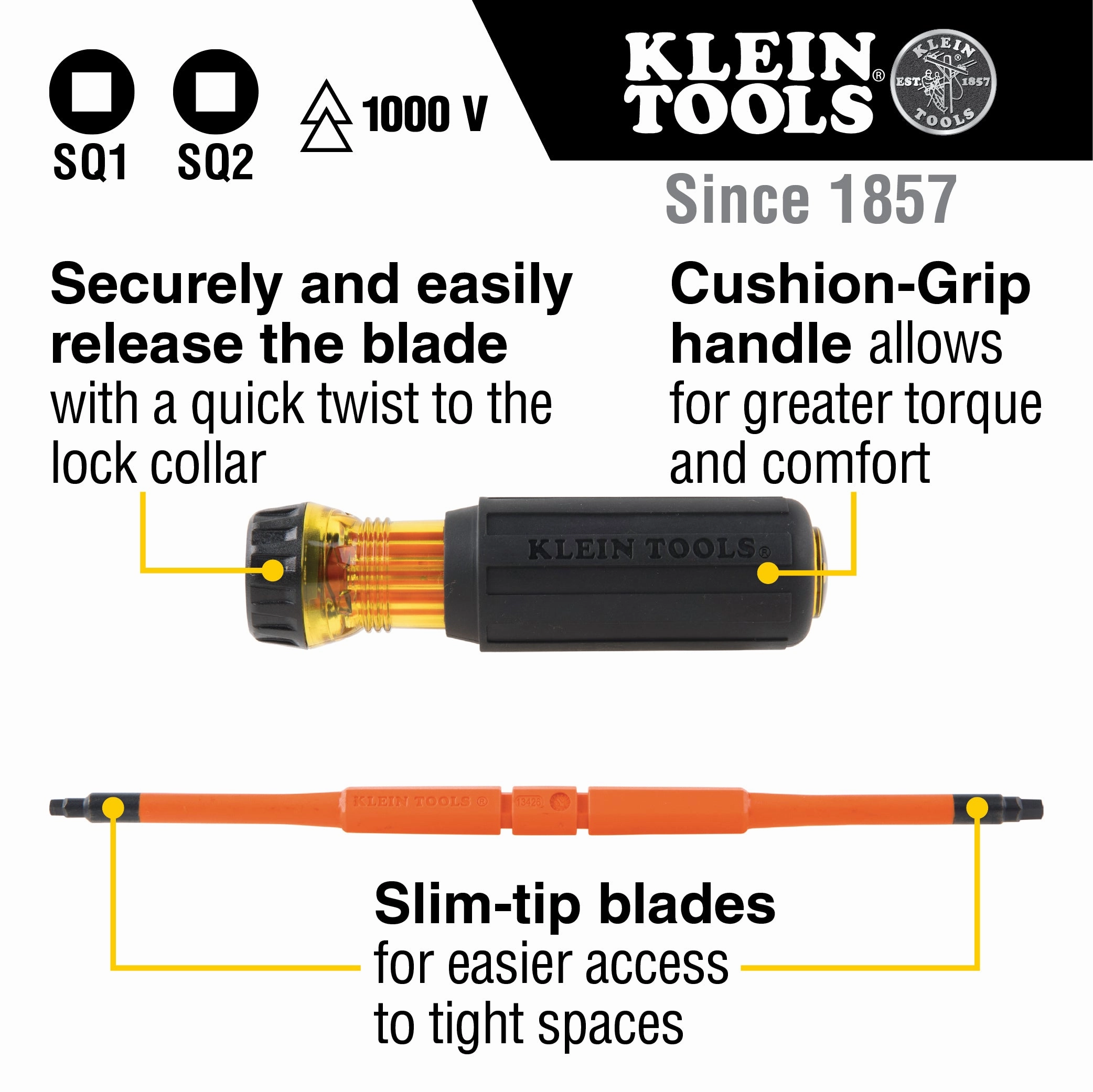 Klein Tools 32287 2-in-1 Insulated Flip-Blade Screwdriver, #1/#2 Square