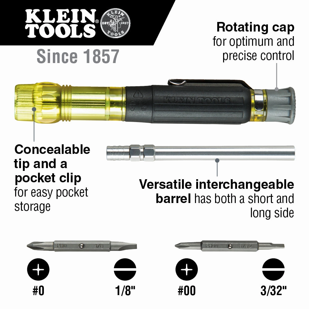 Klein Tools 32614 Screwdriver, Precision Electronics 4-in-1 Pocket Screwdriver