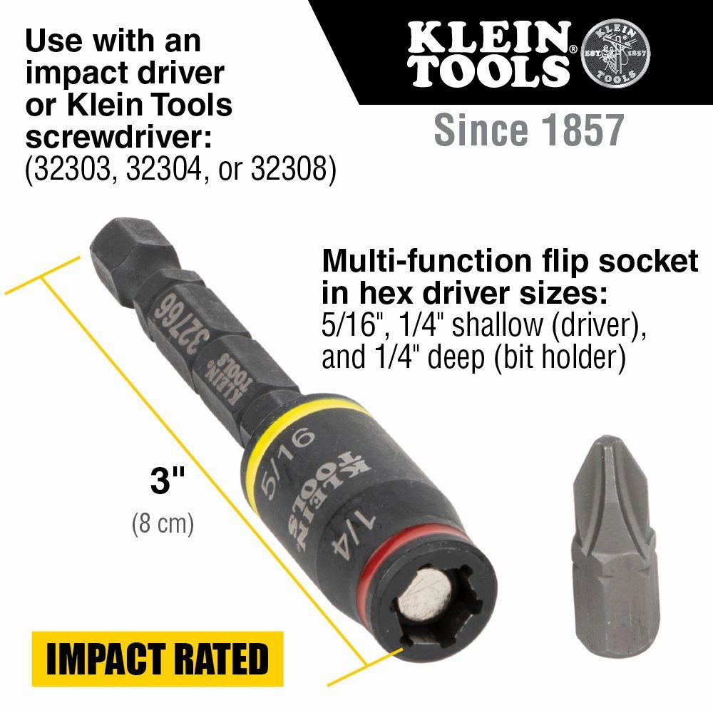 Klein Tools 32766 3-in-1 Impact Flip Socket, 1/4-Inch, 5/16-Inch, 3-Inch Length