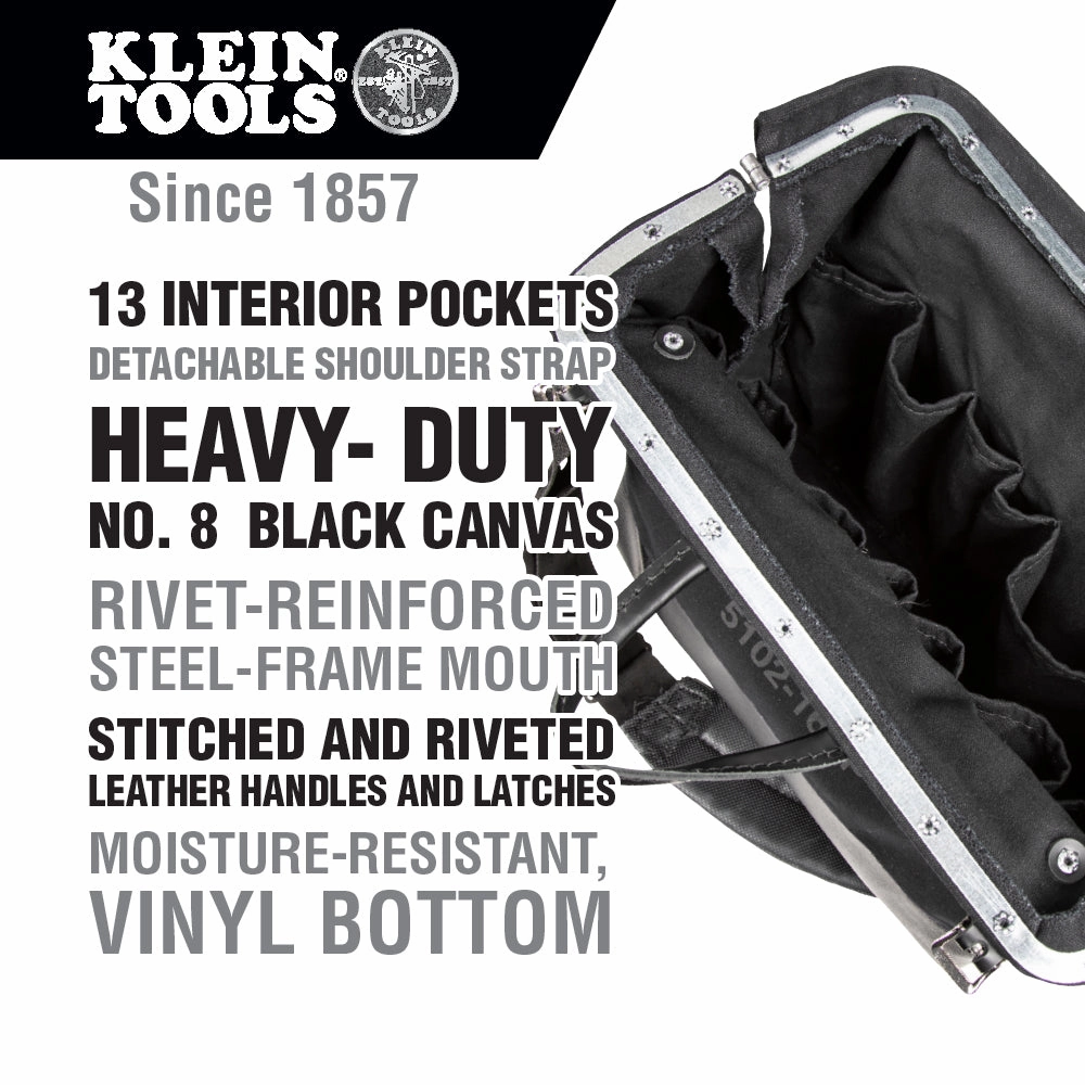Klein Tools 510216SPBLK Deluxe Black Canvas Tool Bag, 16-Inch