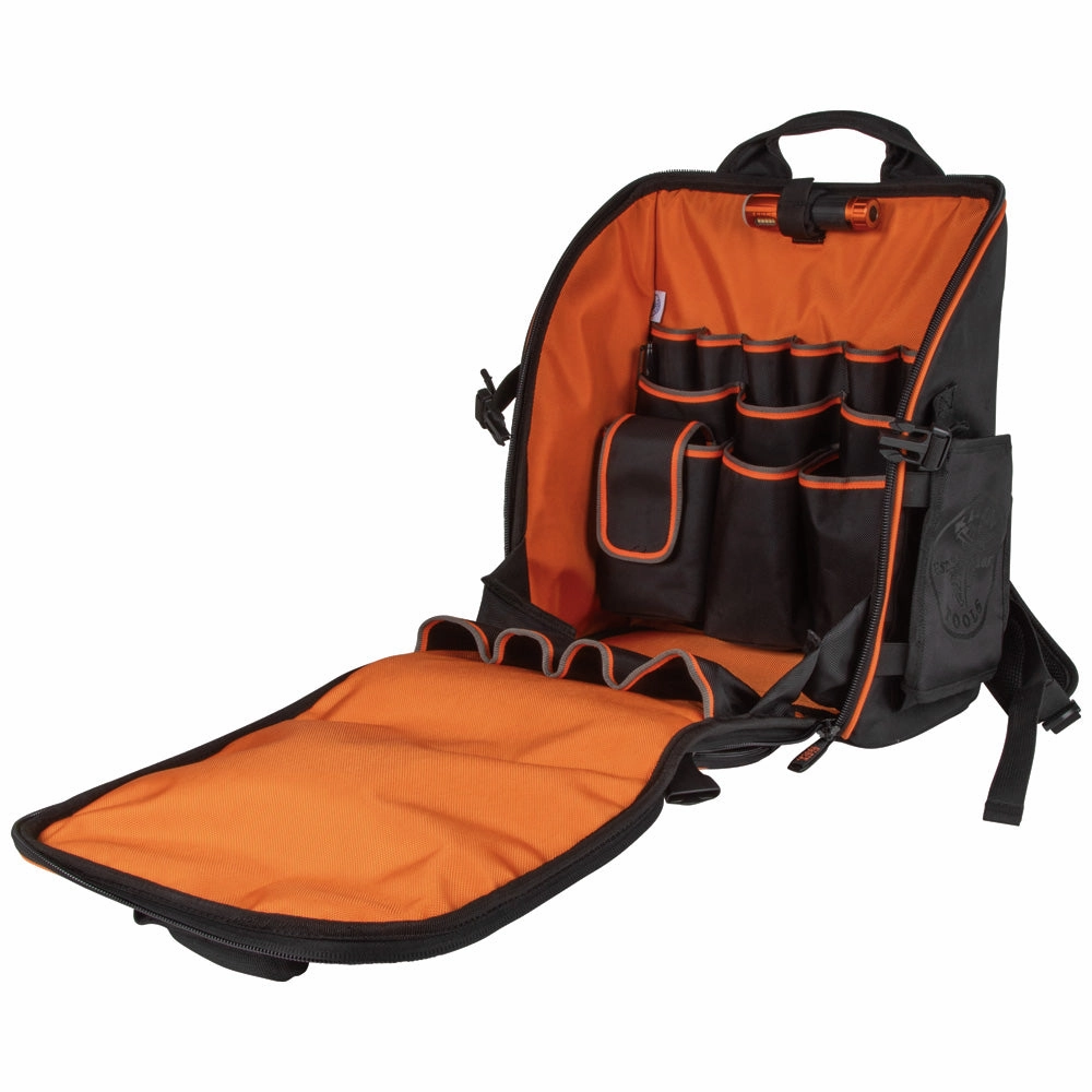 Klein Tools 55655 Backpack Tool Bag, Heavy Duty Tool Organizer, 21 Pockets and Large Interior, includes Flashlight with Work Light
