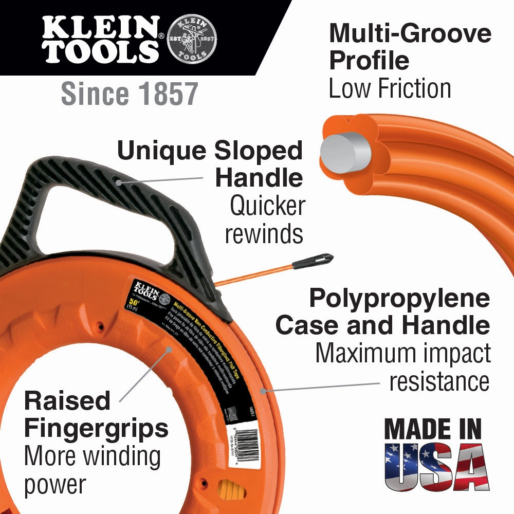 Klein Tools 56056 Fiberglass Fish Tape, 200-Foot Wall Snake is 3/16-Inch Wide Non-Conductive Multi-Groove Fish Tape