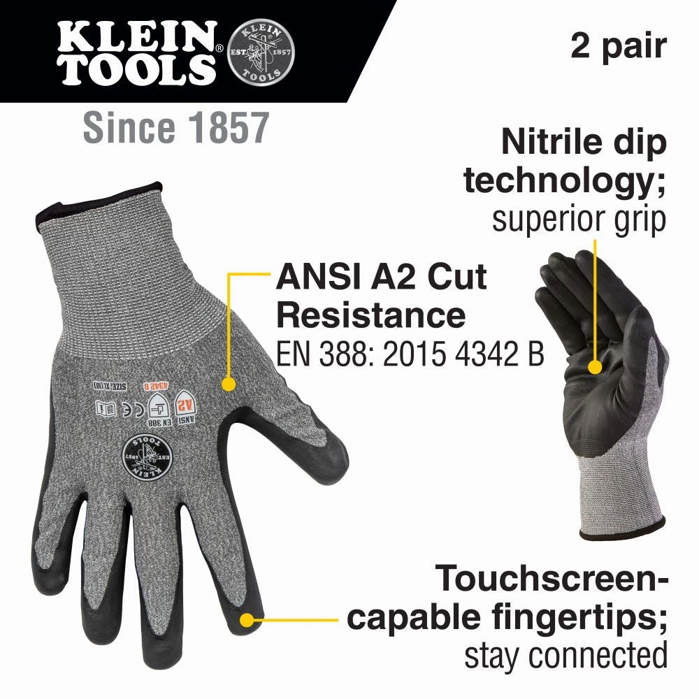 Klein Tools 60197 Work Gloves, Cut Level 2, Touchscreen, X-Large, 2-Pair
