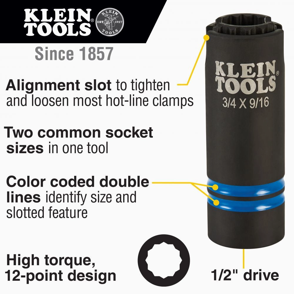 Klein Tools 66031 3-in-1 Slotted Impact Socket, 12-Point, 3/4 and 9/16-Inch