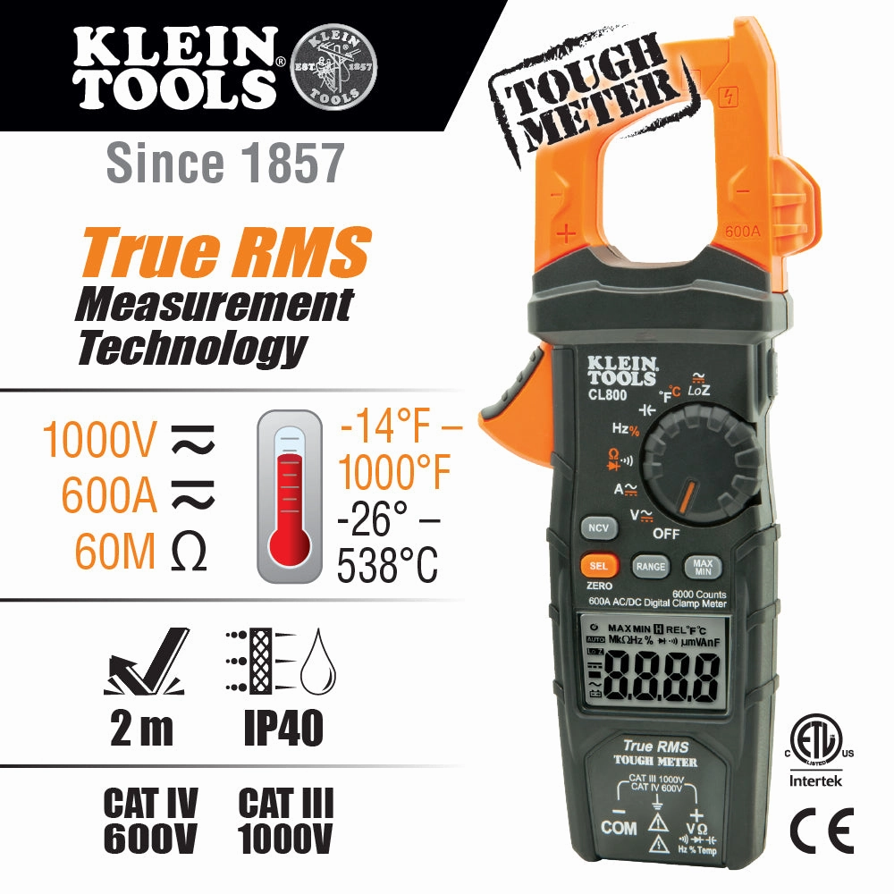 Klein Tools CL800 Digital Clamp Meter AC/DC Auto-Ranging