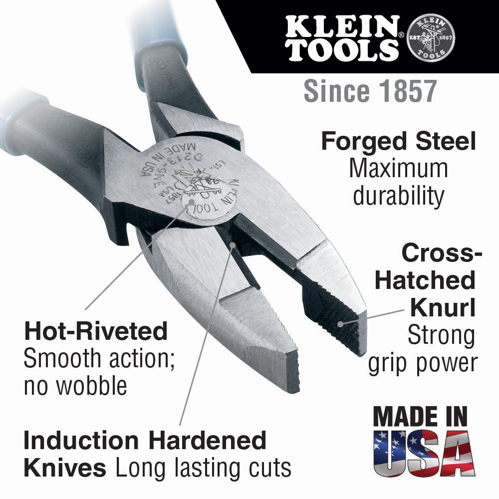 Klein Tools D2000-9NE Side Cutter Linemans Pliers Cut ACSR, Screws, Nails, Hard Wire, 9-Inch Electrical Pliers