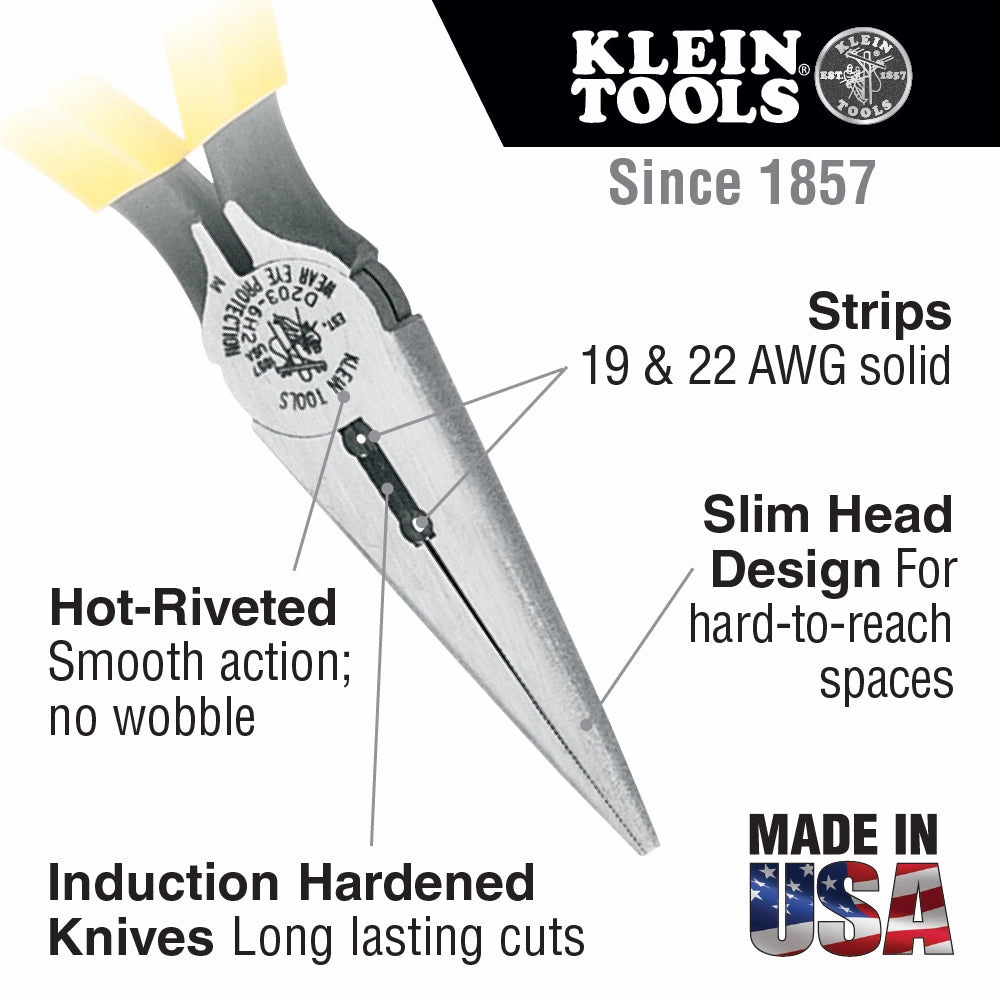 Klein Tools D203-6H2 Pliers, Long Nose Side-Cutters, Stripping, 6"