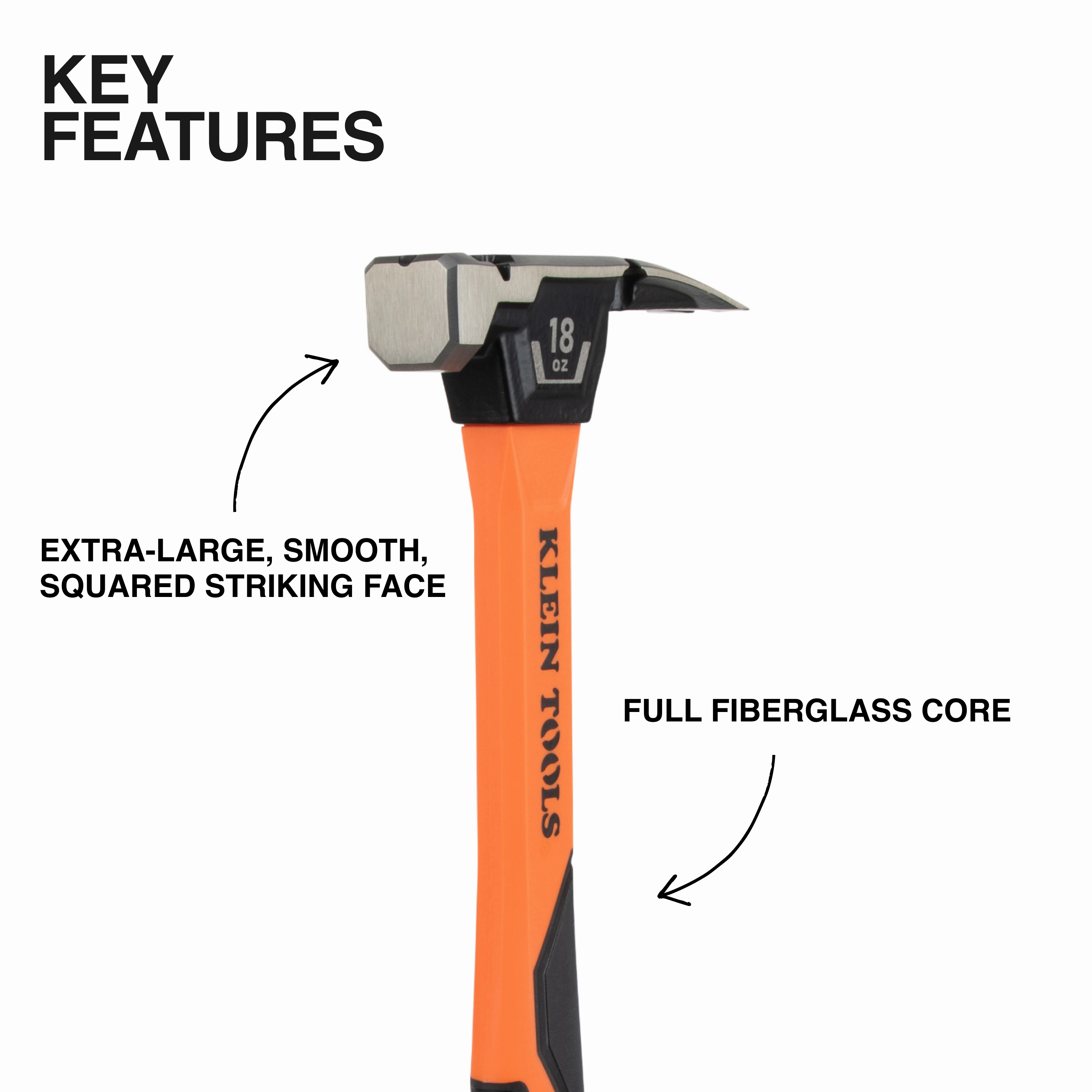 Klein Tools H80918 Smooth Face Fiberglass Hammer, 18-Ounce