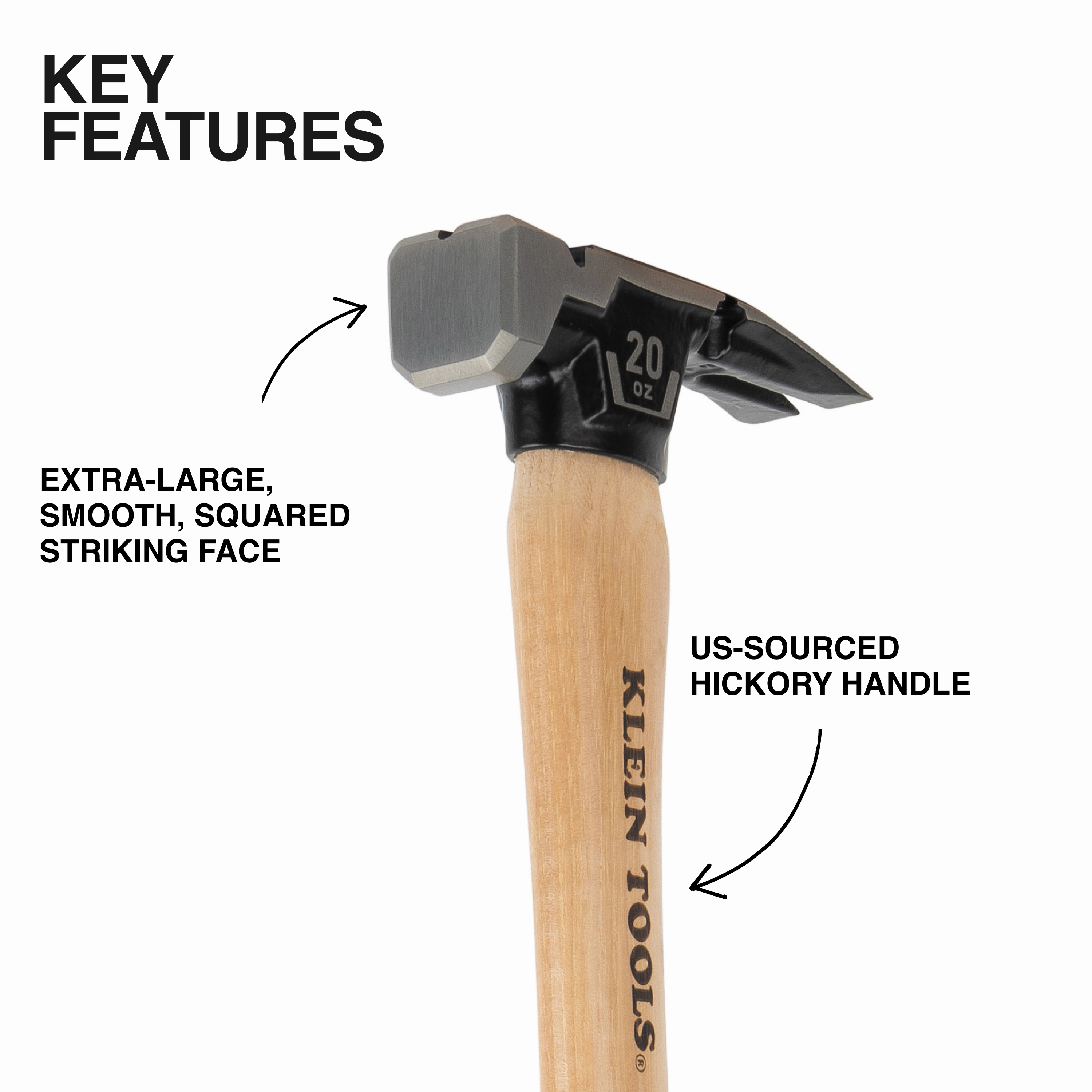 Klein Tools H80920HS Smooth Face Hickory Handle Hammer, 20 oz.