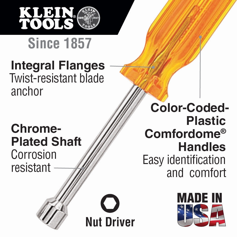 Klein Tools S14 Nut Driver, Hollow Shaft, 3" x 7/16"