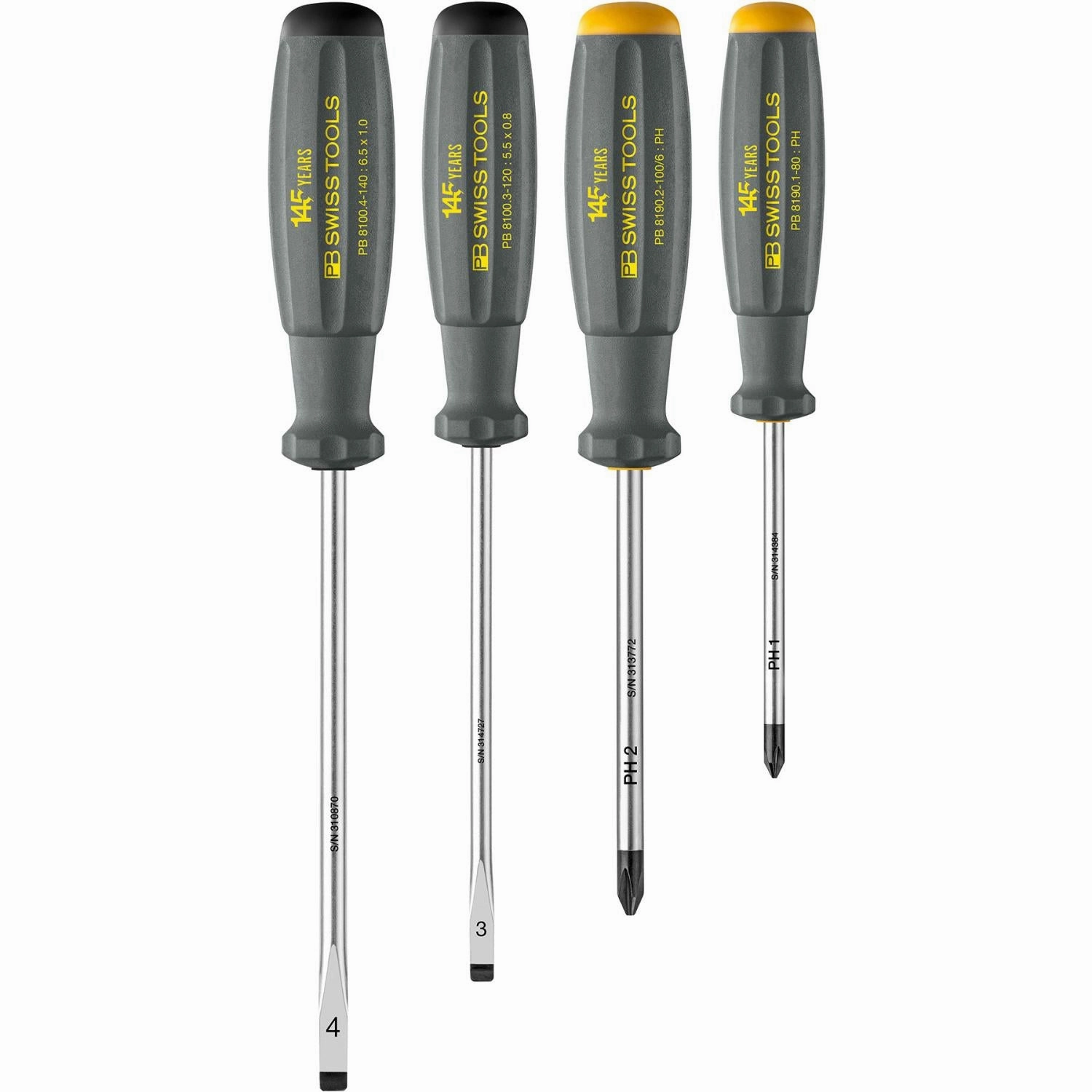 PB Swiss 8267.145 Y SwissGrip Screwdriver Set, Slotted & Phillips, 145 Year Anniversary Limited Edition, 4 Pc.