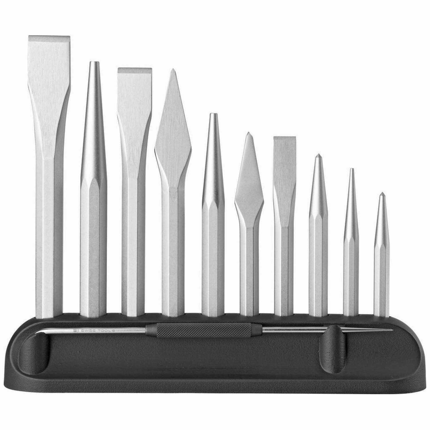 PB Swiss PB 860.H Flat and cross-cut chisel, center punch, drift punches, scriber, set with table stand