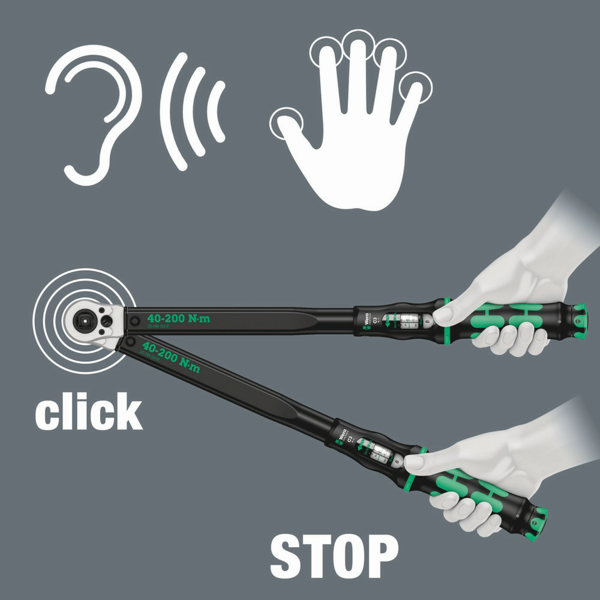 Wera Click-Torque C 3 Push R/L adjustable torque wrench for clockwise and anti-clockwise torque-control, 40-200 Nm, 1/2" x 40-200 Nm