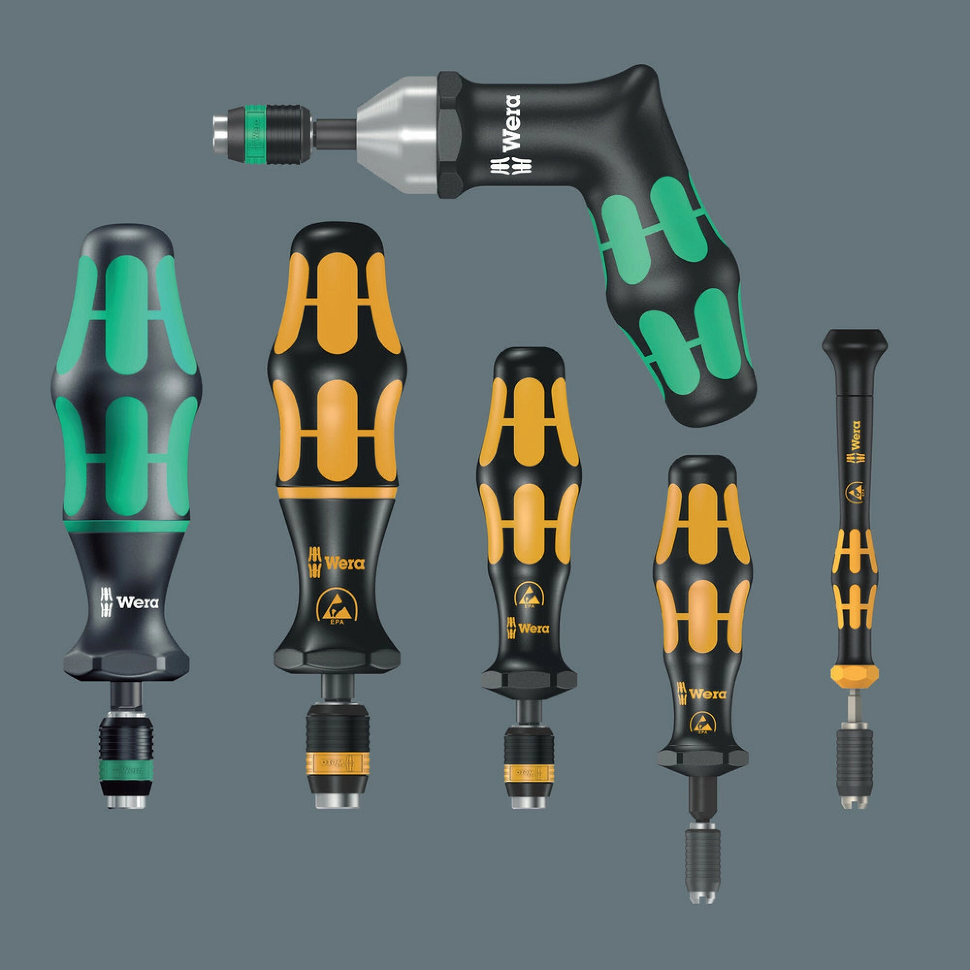 Wera Series 7400 Imperial Kraftform pre-set adjustable torque screwdrivers (2.5-29.0 in. lbs.) with Rapidaptor quick-release chuck, handle size 105 mm, 7465 x 2.5 in. lbs.