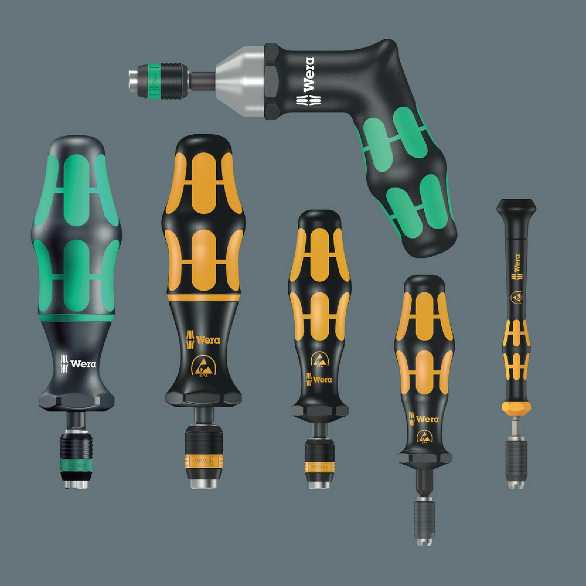 Wera Series 7400 Kraftform pre-set, adjustable torque screwdrivers (0.3-3.0 Nm) with Rapidaptor quick-release chuck, handle size 105 mm, 7461 x 1.2 Nm x 1.2-3.0 Nm