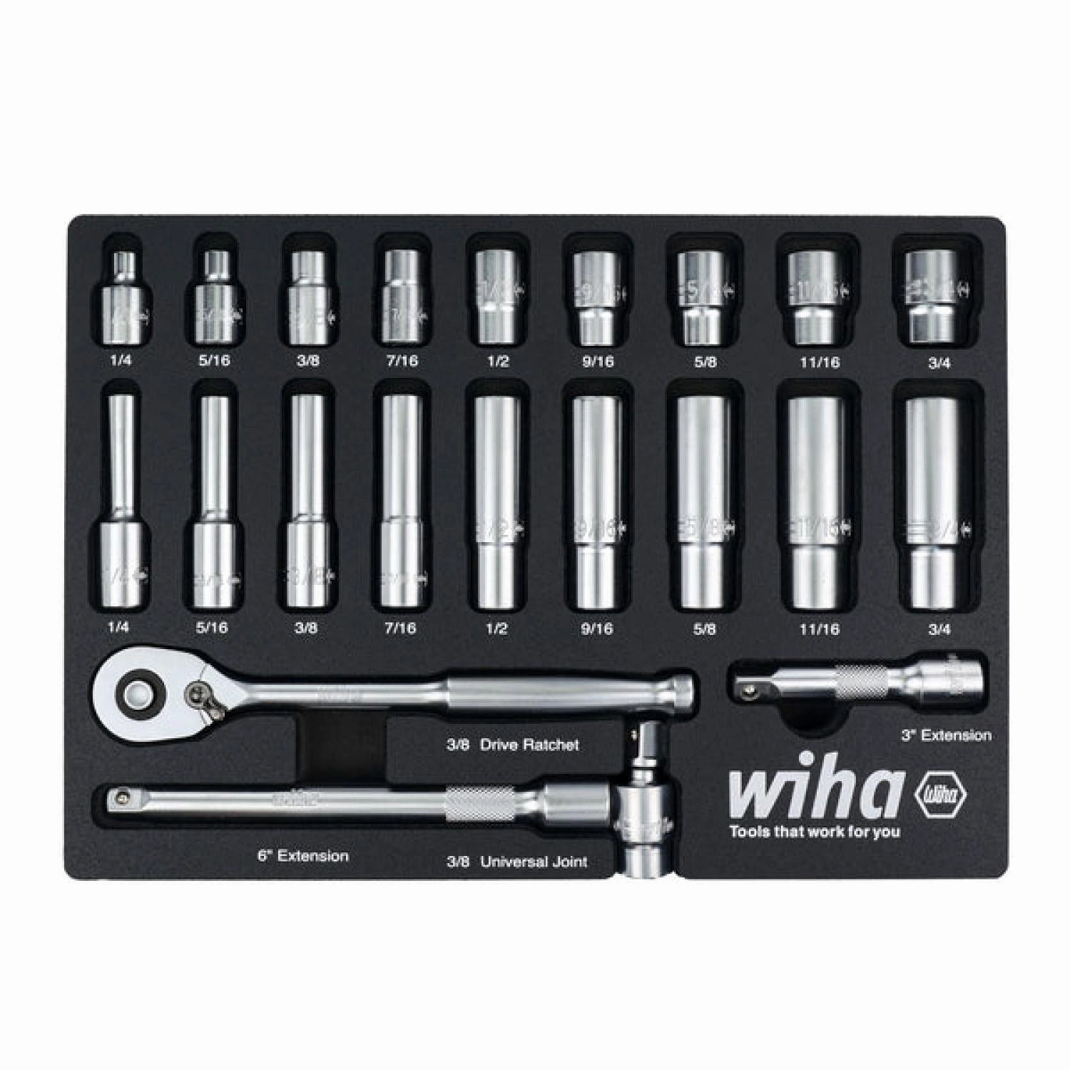 Wiha 33796 22 Piece 3/8 Drive Professional Standard and Deep Socket Tray Set - SAE