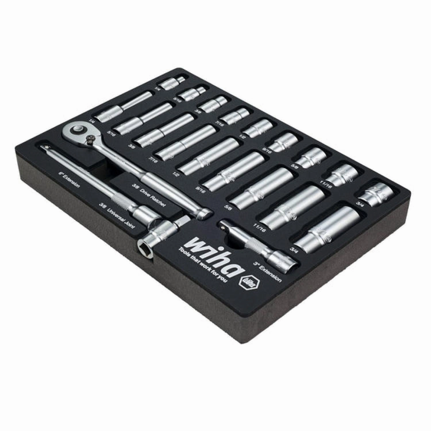 Wiha 33796 22 Piece 3/8 Drive Professional Standard and Deep Socket Tray Set - SAE