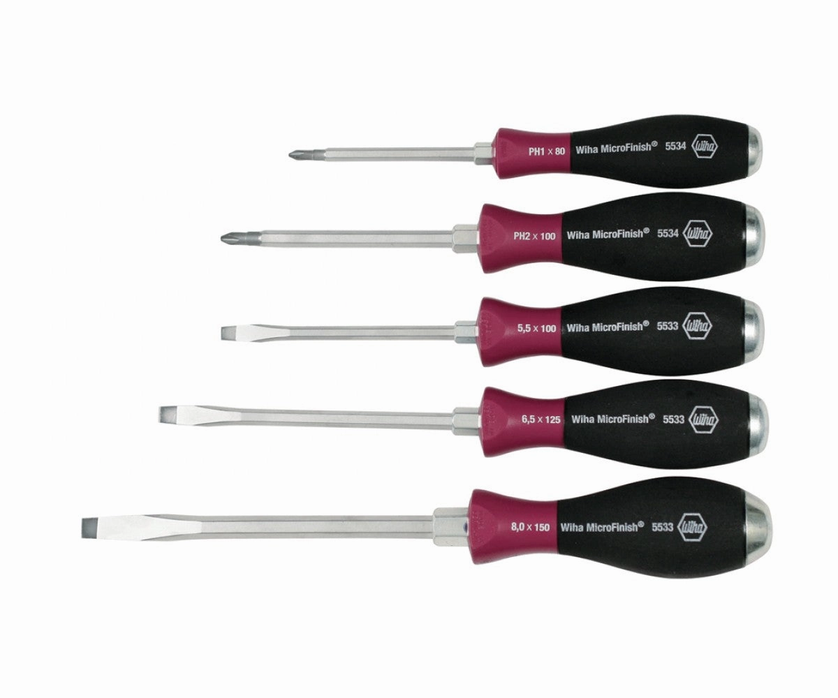 Wiha Tools 53390 5pc Microfinish Heavy Duty Slotted/Phillips