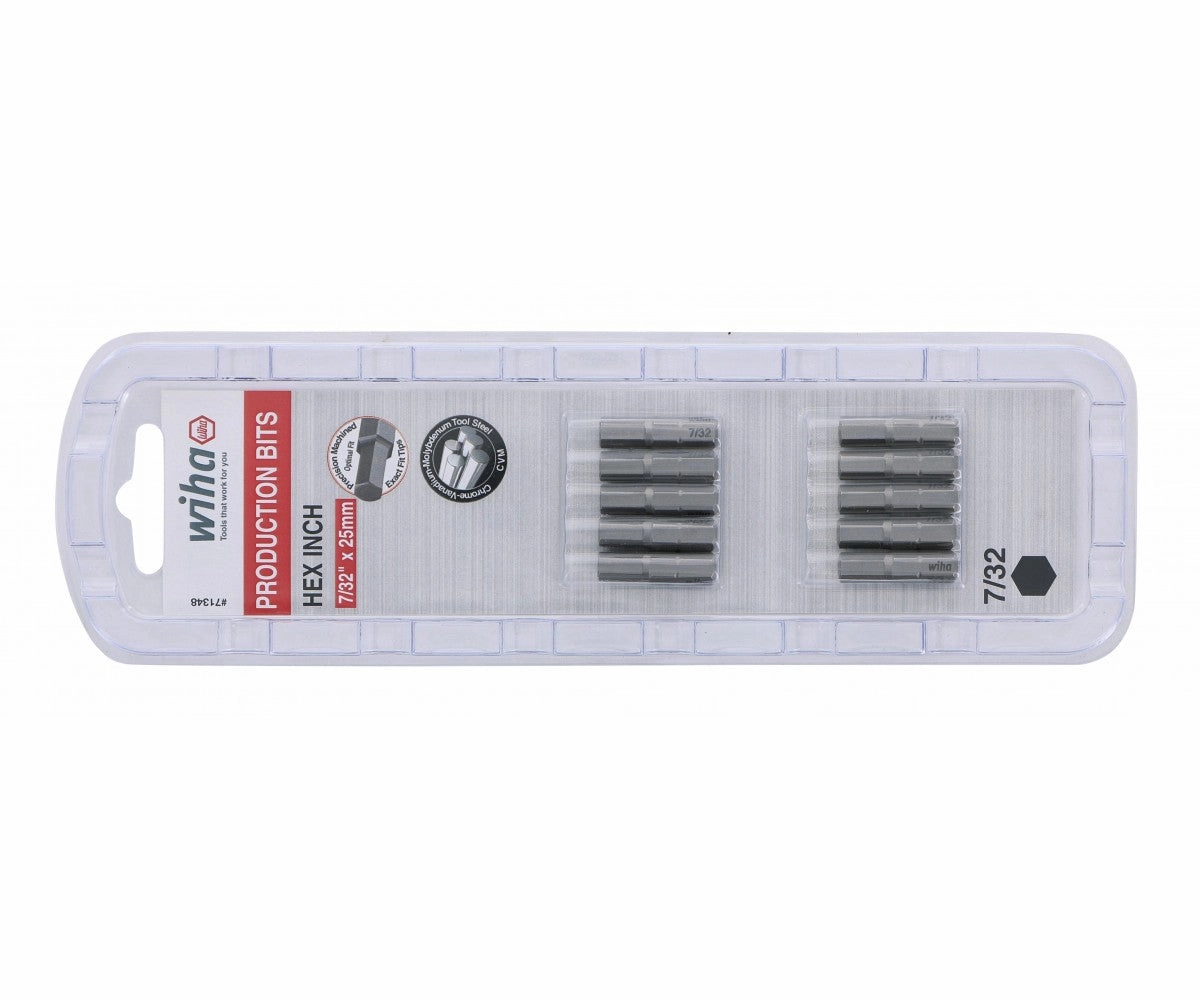 Wiha Tools 71348 Hex Inch Insert Bits, 7/32" x 25 mm, 10 Pk.
