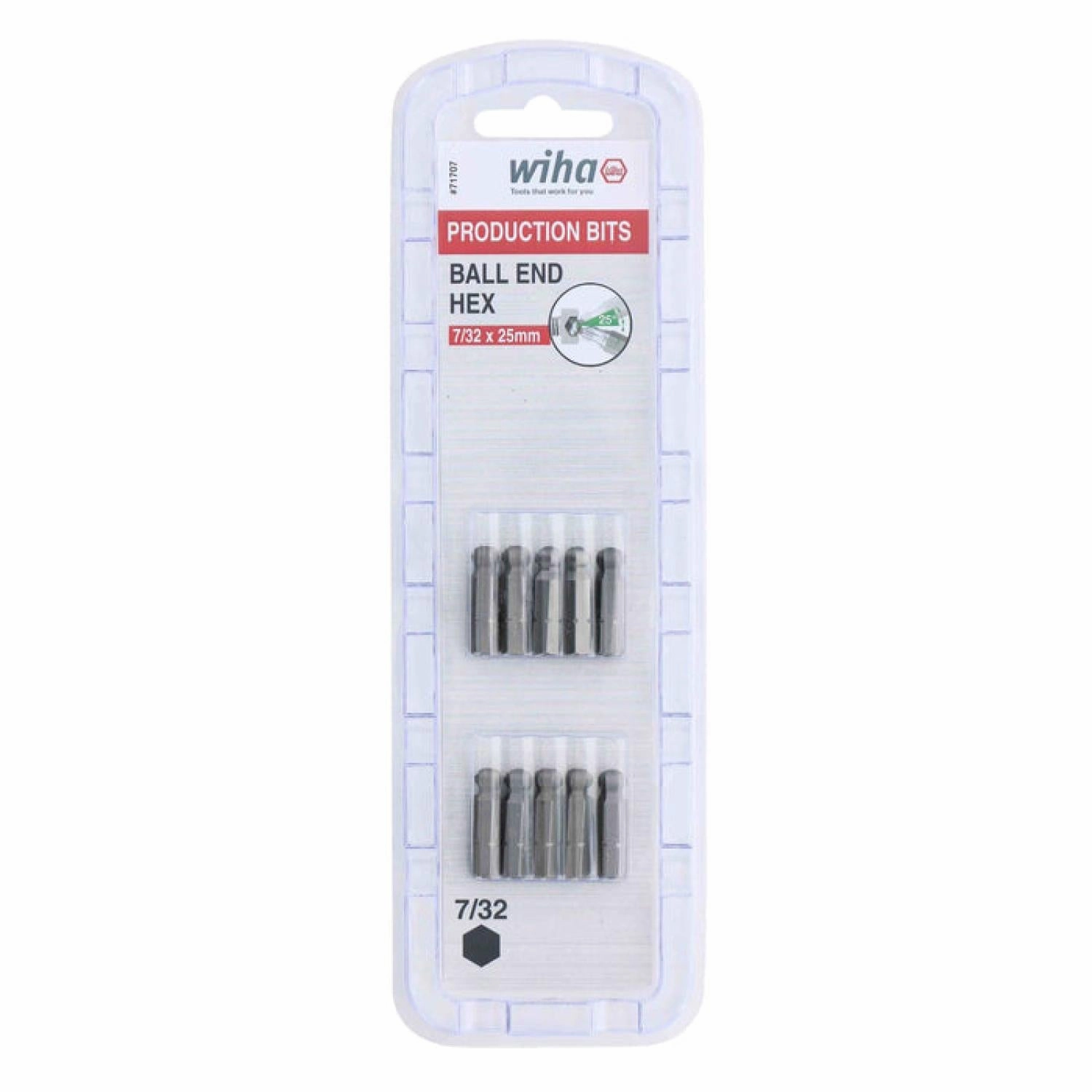 Wiha Tools 71707 7/32" x 38mm Ball End Hex Insert Bit, 10 Pack