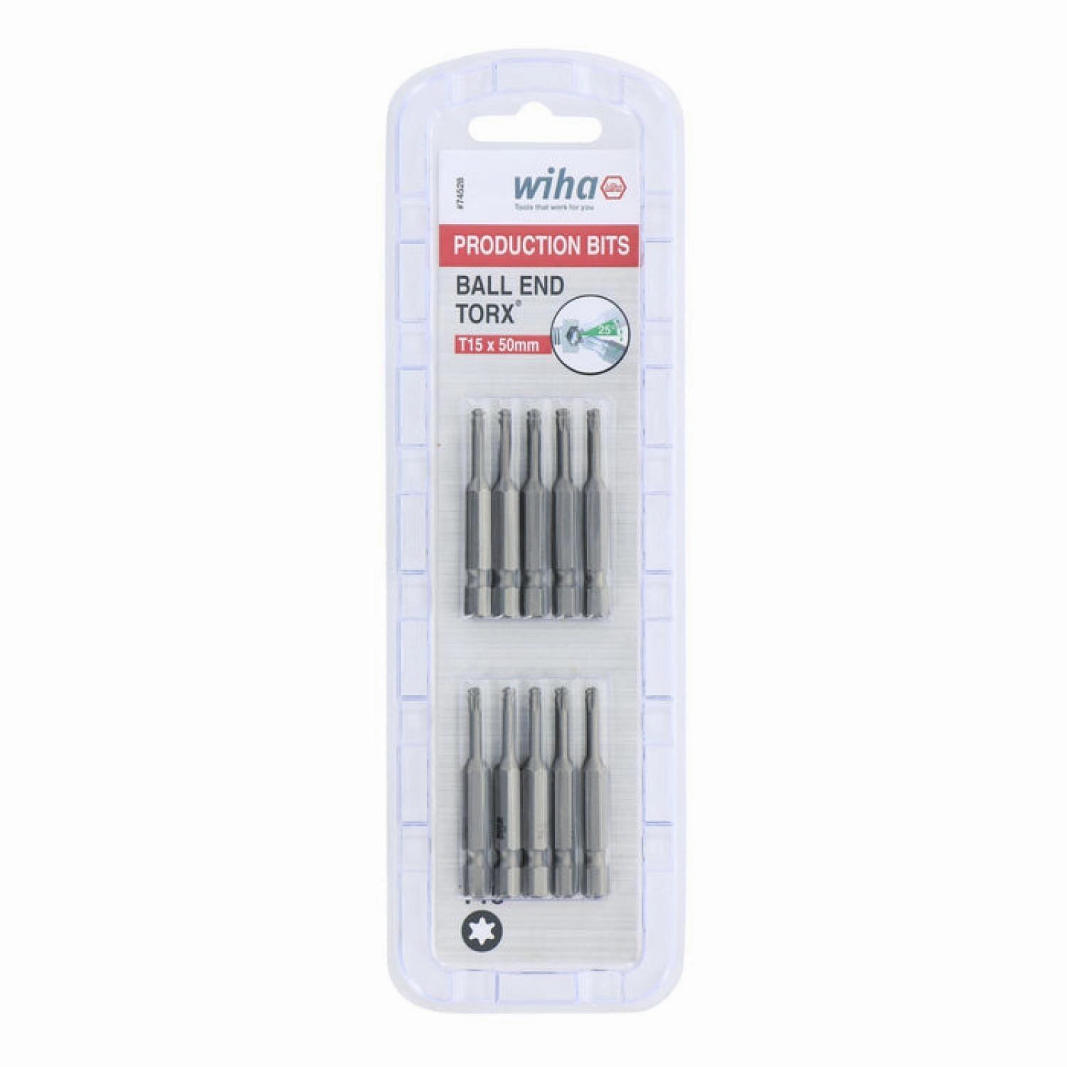 Wiha Tools 74528 TORX Ball End Power Bit, T15 x 50 mm, 10 Pk.