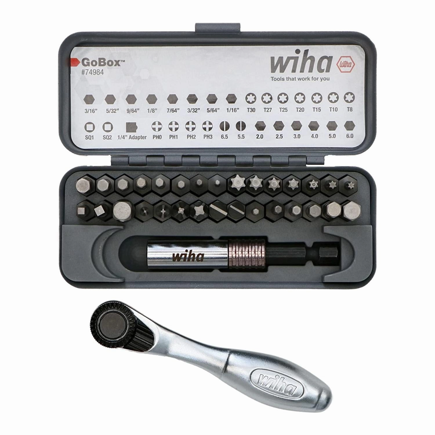 Wiha Tools 74984 Standard Bit GoBox Set with Mini Ratchet, 32 Pc.